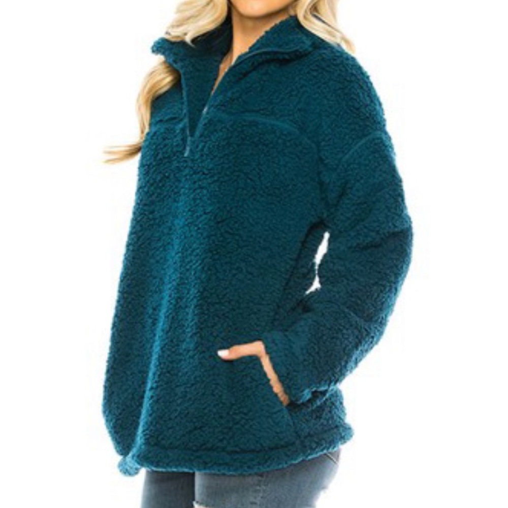 Teal Sherpa pullover half zip